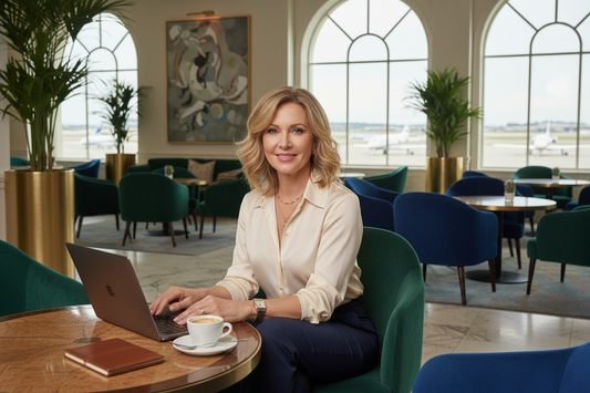 Elegant professional woman in her 50s in a luxurious hotel lobby, radiant and composed, silk blouse, tasteful jewelry, soft natural light, and high-end surroundings
