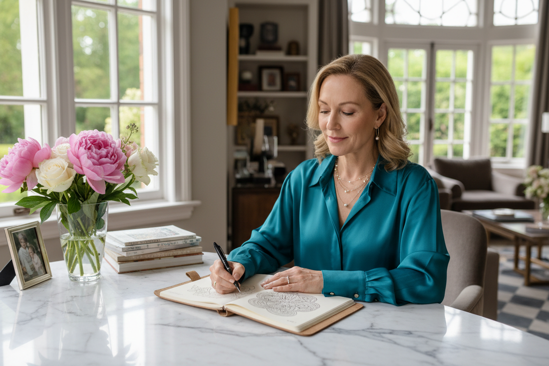 "Elegant woman drawing intricate Zentangle patterns at a beautiful marble desk in a luxurious home, radiant and peaceful"