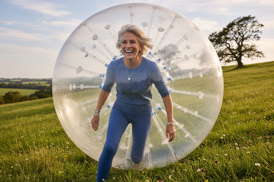 "Elegant woman joyfully zorbing inside a giant transparent ball rolling down a beautiful green hillside, radiant and confident"